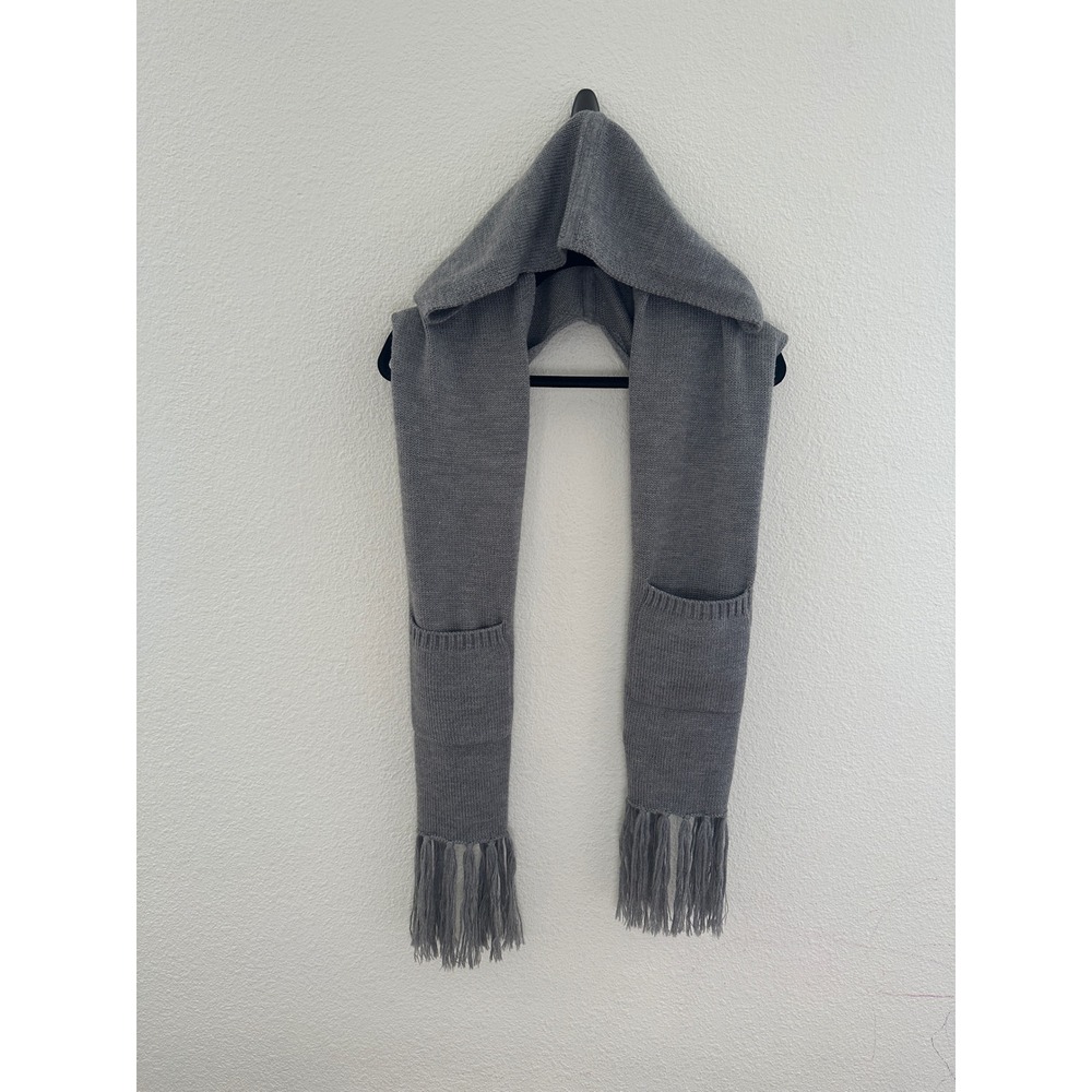 Joie Hooded Scarf Women OS Gray Merino Wool Fringe Pocket Snood Quiet Luxury